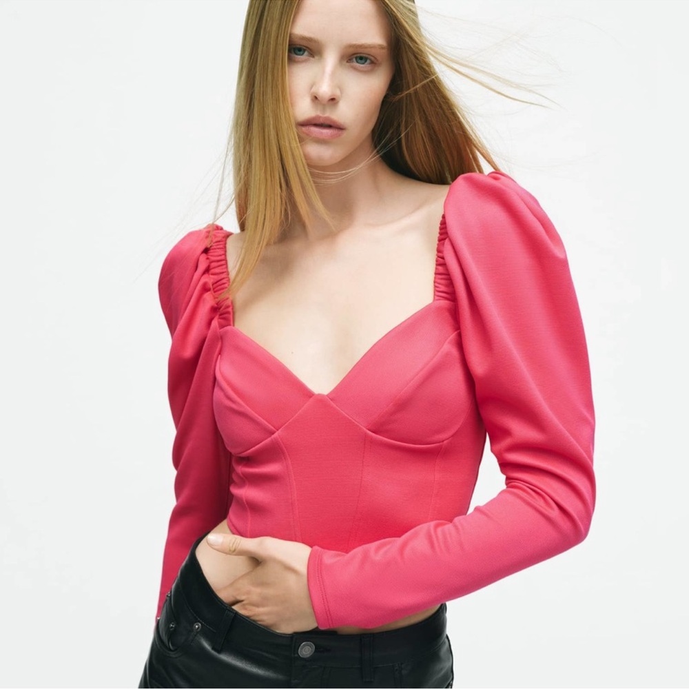 Zara Corset Bustier Elegant Pink Puff Sleeve Top Medium